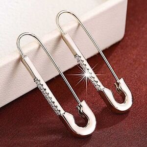 Sterling Silver Plated Crystal Safety Pin Statement Earrings